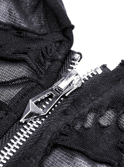 Punk Style Decadent Ripped Sexy Hollow Strapless Backless Cross Strap Black Hooded Long Sleeves Top