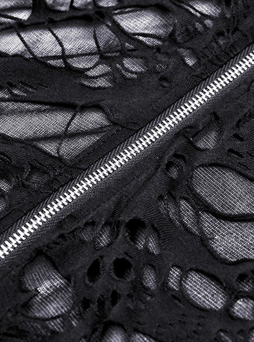 Punk Style Decadent Ripped Sexy Hollow Strapless Backless Cross Strap Black Hooded Long Sleeves Top