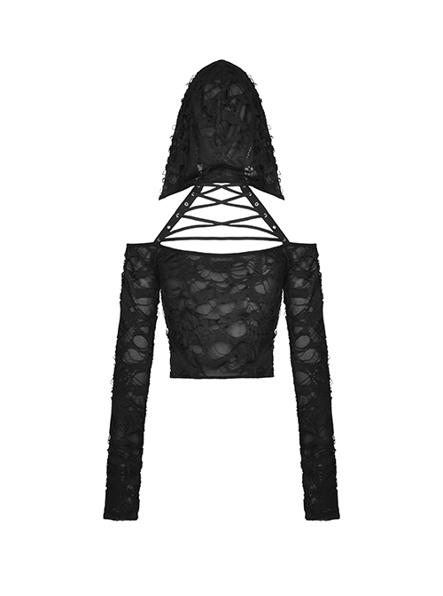Punk Style Decadent Ripped Sexy Hollow Strapless Backless Cross Strap Black Hooded Long Sleeves Top