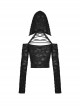 Punk Style Decadent Ripped Sexy Hollow Strapless Backless Cross Strap Black Hooded Long Sleeves Top