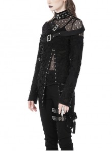 Punk Style Stand Collar Cool Metal Buckle Personalized Tattered Hollow Irregular Slit Hem Black Long Sleeves Top