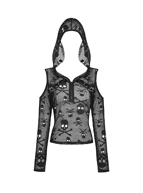Punk Style Rebellious Rock Skull Pattern Hollow Sexy See Through Leather Strap Black Long Sleeves Hoodie Top