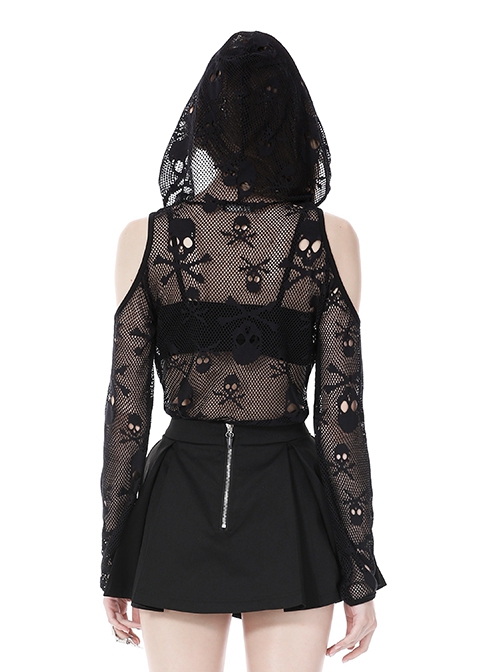 Punk Style Rebellious Rock Skull Pattern Hollow Sexy See Through Leather Strap Black Long Sleeves Hoodie Top