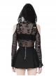 Punk Style Rebellious Rock Skull Pattern Hollow Sexy See Through Leather Strap Black Long Sleeves Hoodie Top
