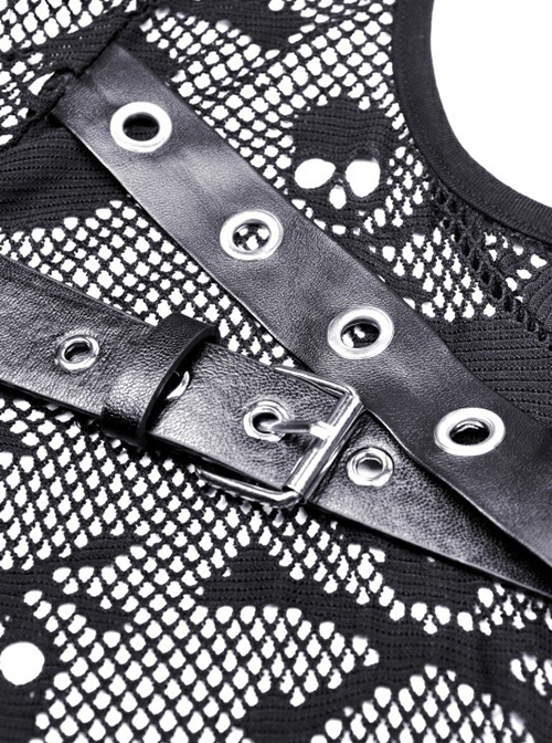 Punk Style Rebellious Rock Skull Pattern Hollow Sexy See Through Leather Strap Black Long Sleeves Hoodie Top
