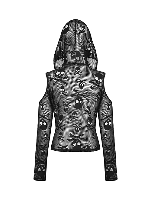 Punk Style Rebellious Rock Skull Pattern Hollow Sexy See Through Leather Strap Black Long Sleeves Hoodie Top