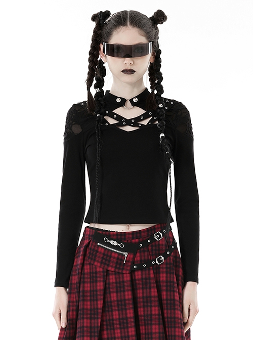 Punk Style Stand Collar Shoulder Tattered Cutout Cool Cross Strap Metal Buckle Black Long Sleeves Slim T Shirt