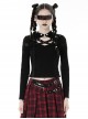 Punk Style Stand Collar Shoulder Tattered Cutout Cool Cross Strap Metal Buckle Black Long Sleeves Slim T Shirt