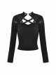 Punk Style Stand Collar Shoulder Tattered Cutout Cool Cross Strap Metal Buckle Black Long Sleeves Slim T Shirt