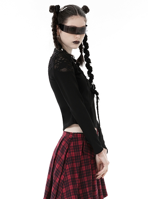 Punk Style Stand Collar Shoulder Tattered Cutout Cool Cross Strap Metal Buckle Black Long Sleeves Slim T Shirt