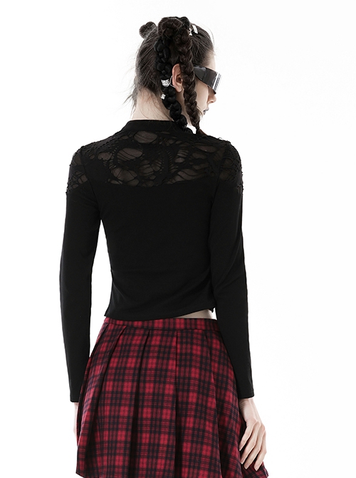 Punk Style Stand Collar Shoulder Tattered Cutout Cool Cross Strap Metal Buckle Black Long Sleeves Slim T Shirt