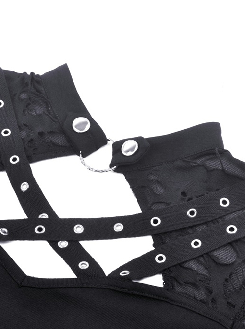 Punk Style Stand Collar Shoulder Tattered Cutout Cool Cross Strap Metal Buckle Black Long Sleeves Slim T Shirt