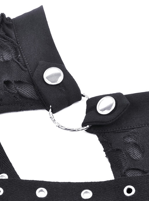Punk Style Stand Collar Shoulder Tattered Cutout Cool Cross Strap Metal Buckle Black Long Sleeves Slim T Shirt