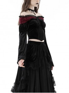 Gothic Style Luxury Velvet Exquisite Red Lace Cross Straps Elegant One Shoulder Black Trumpet Sleeves Top