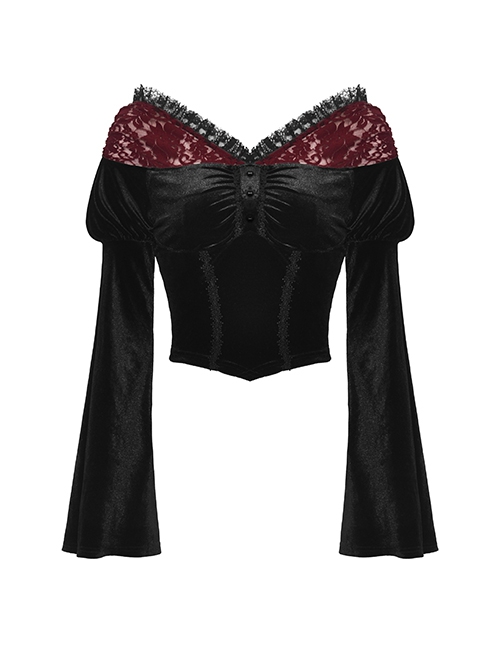 Gothic Style Luxury Velvet Exquisite Red Lace Cross Straps Elegant One Shoulder Black Trumpet Sleeves Top
