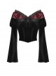Gothic Style Luxury Velvet Exquisite Red Lace Cross Straps Elegant One Shoulder Black Trumpet Sleeves Top