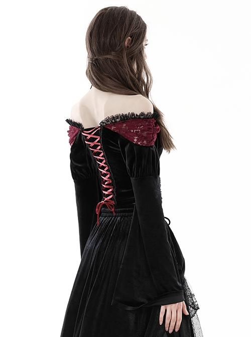 Gothic Style Luxury Velvet Exquisite Red Lace Cross Straps Elegant One Shoulder Black Trumpet Sleeves Top