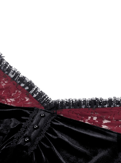 Gothic Style Luxury Velvet Exquisite Red Lace Cross Straps Elegant One Shoulder Black Trumpet Sleeves Top