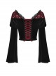 Gothic Style Luxury Velvet Exquisite Red Lace Cross Straps Elegant One Shoulder Black Trumpet Sleeves Top