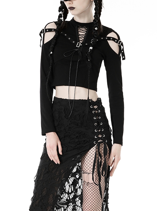 Punk Style Cross Leather Strap V Shaped Chest Hollow Sexy Off Shoulder Metal Buckle Black Long Sleeves T Shirt