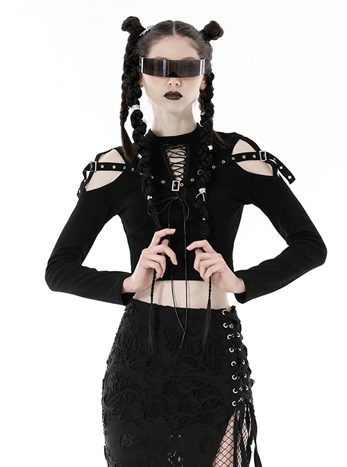 Punk Style Cross Leather Strap V Shaped Chest Hollow Sexy Off Shoulder Metal Buckle Black Long Sleeves T Shirt
