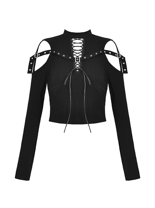 Punk Style Cross Leather Strap V Shaped Chest Hollow Sexy Off Shoulder Metal Buckle Black Long Sleeves T Shirt