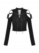Punk Style Cross Leather Strap V Shaped Chest Hollow Sexy Off Shoulder Metal Buckle Black Long Sleeves T Shirt