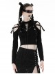 Punk Style Cross Leather Strap V Shaped Chest Hollow Sexy Off Shoulder Metal Buckle Black Long Sleeves T Shirt