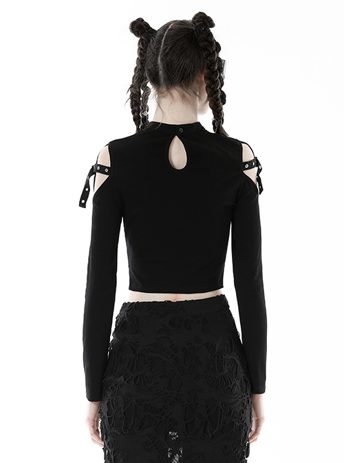 Punk Style Cross Leather Strap V Shaped Chest Hollow Sexy Off Shoulder Metal Buckle Black Long Sleeves T Shirt