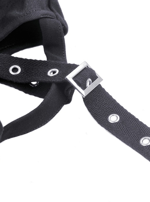 Punk Style Cross Leather Strap V Shaped Chest Hollow Sexy Off Shoulder Metal Buckle Black Long Sleeves T Shirt