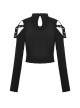 Punk Style Cross Leather Strap V Shaped Chest Hollow Sexy Off Shoulder Metal Buckle Black Long Sleeves T Shirt