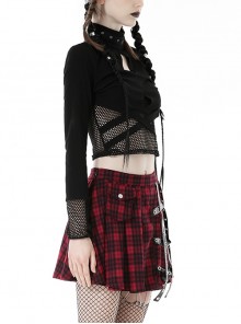 Punk Style Stand Collar Sexy Mesh Splicing See Through Cross Strap Metal Ring Zip Black Long-Sleeved T Shirt