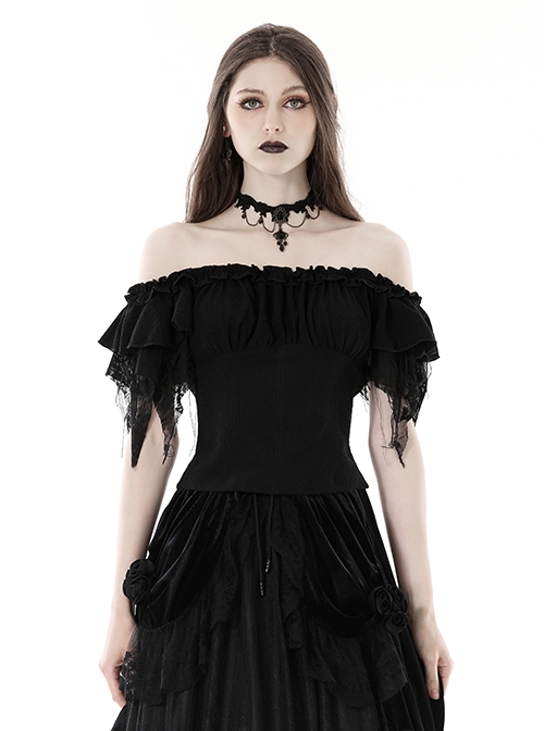Gothic Style Elegant Sexy One Shoulder Irregular Lace Cuffs Retro Black Shredded Sleeves Elastic Top