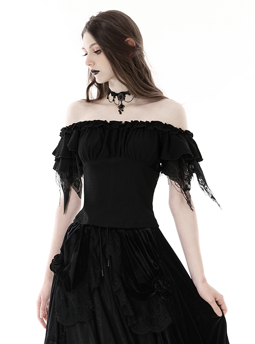 Gothic Style Elegant Sexy One Shoulder Irregular Lace Cuffs Retro Black Shredded Sleeves Elastic Top