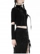 Punk Style Stand Collar Chest Metal Eyelet Cross Pattern Personalized Black Ripped Hooded Long Sleeves Top