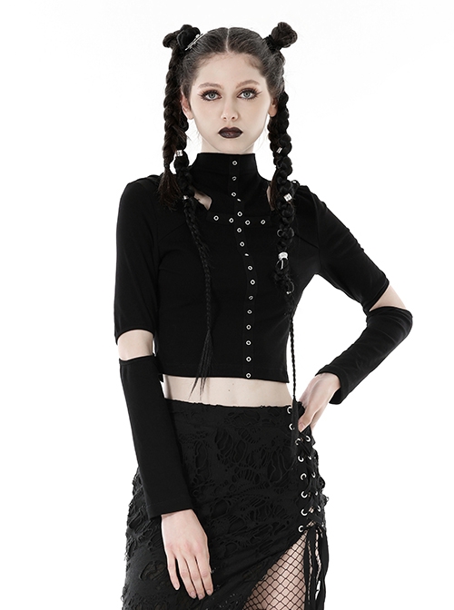 Punk Style Stand Collar Chest Metal Eyelet Cross Pattern Personalized Black Ripped Hooded Long Sleeves Top