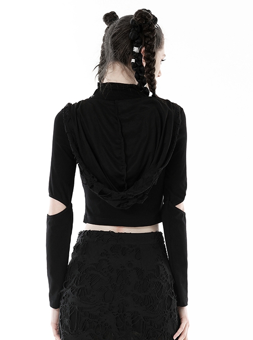Punk Style Stand Collar Chest Metal Eyelet Cross Pattern Personalized Black Ripped Hooded Long Sleeves Top