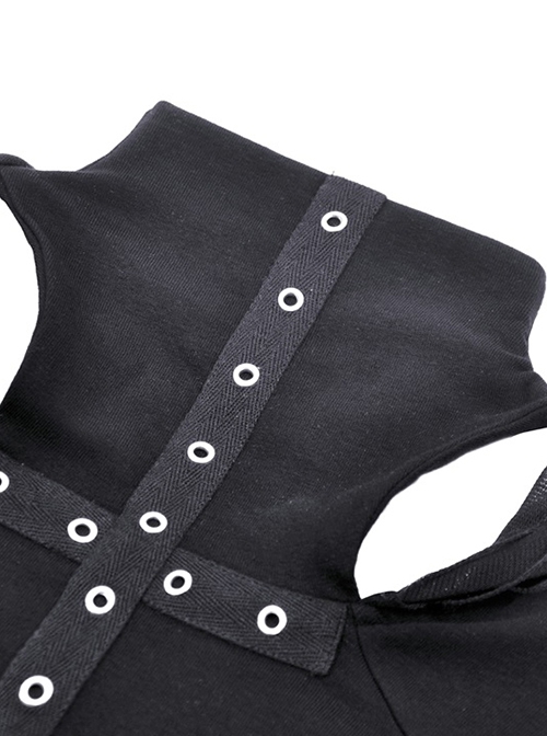 Punk Style Stand Collar Chest Metal Eyelet Cross Pattern Personalized Black Ripped Hooded Long Sleeves Top