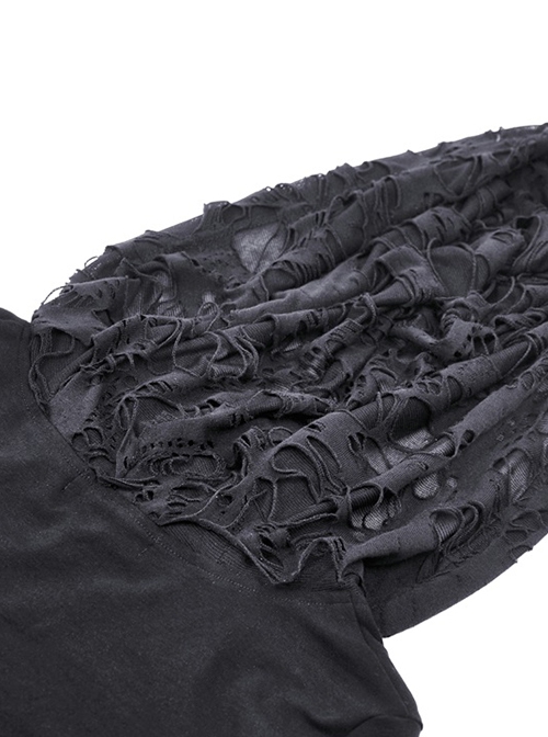 Punk Style Stand Collar Chest Metal Eyelet Cross Pattern Personalized Black Ripped Hooded Long Sleeves Top