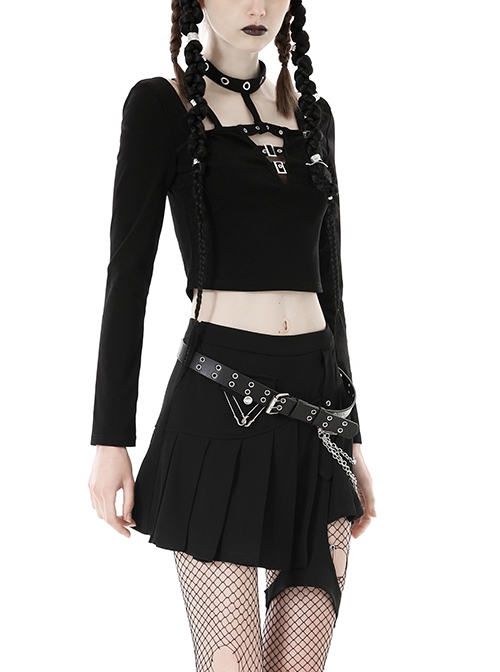 Punk Style Rock Roll Girl Sexy Navel Exposed Backless Metal Buckle Black Long Sleeves Suspender Halter Top