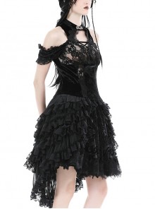 Gothic Style Exquisite Embroidered Lace Retro Metal Plate Buckle Black Velvet Hollow Sleeveless Top