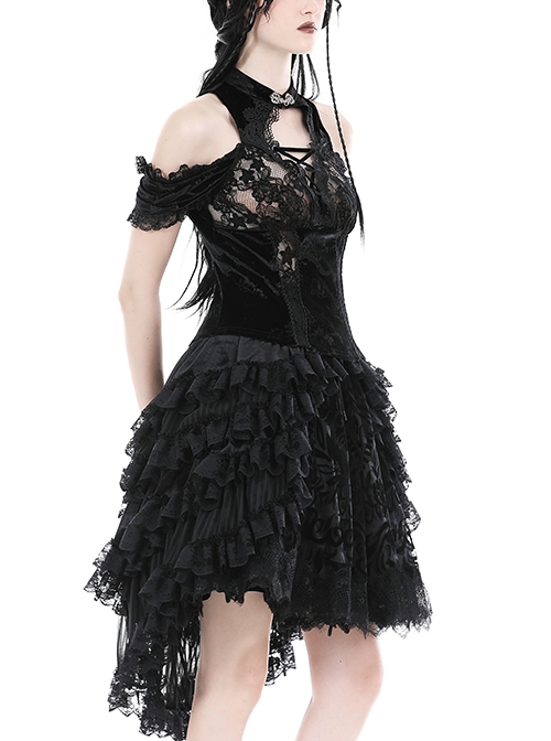 Gothic Style Exquisite Embroidered Lace Retro Metal Plate Buckle Black Velvet Hollow Sleeveless Top