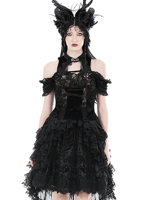 Gothic Style Exquisite Embroidered Lace Retro Metal Plate Buckle Black Velvet Hollow Sleeveless Top