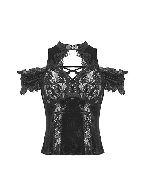 Gothic Style Exquisite Embroidered Lace Retro Metal Plate Buckle Black Velvet Hollow Sleeveless Top