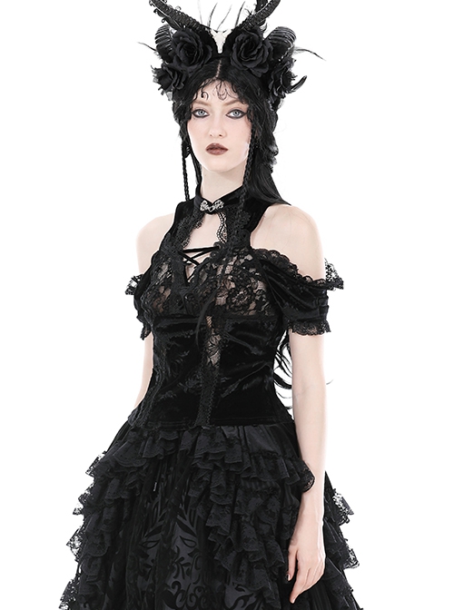 Gothic Style Exquisite Embroidered Lace Retro Metal Plate Buckle Black Velvet Hollow Sleeveless Top