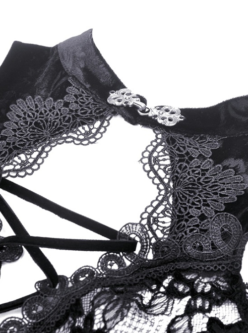 Gothic Style Exquisite Embroidered Lace Retro Metal Plate Buckle Black Velvet Hollow Sleeveless Top