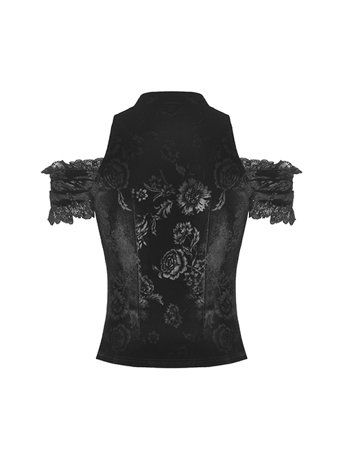 Gothic Style Exquisite Embroidered Lace Retro Metal Plate Buckle Black Velvet Hollow Sleeveless Top