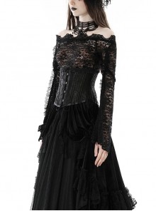 Gothic Style Retro Exquisite Lace Sexy See Through Elegant Black One Shoulder Trumpet Sleeves T Shirt