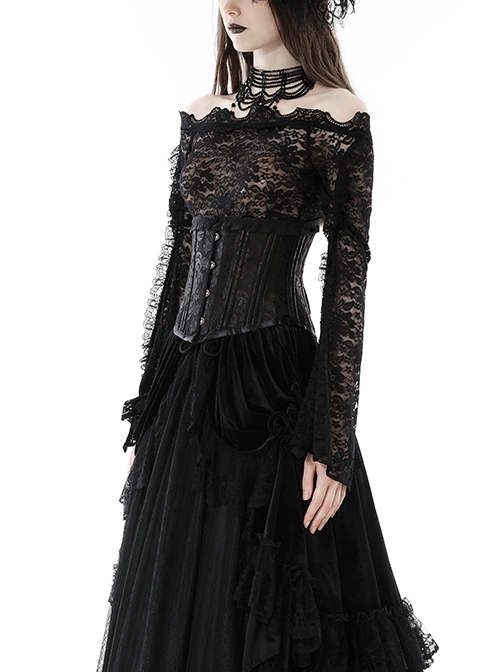 Gothic Style Retro Exquisite Lace Sexy See Through Elegant Black One Shoulder Trumpet Sleeves T Shirt