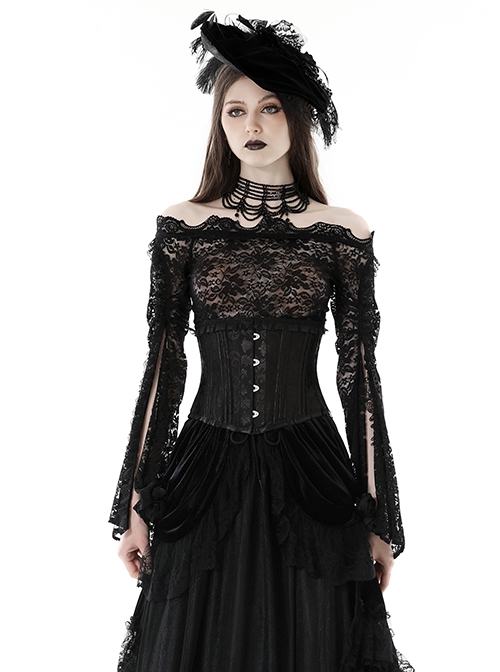 Gothic Style Retro Exquisite Lace Sexy See Through Elegant Black One Shoulder Trumpet Sleeves T Shirt